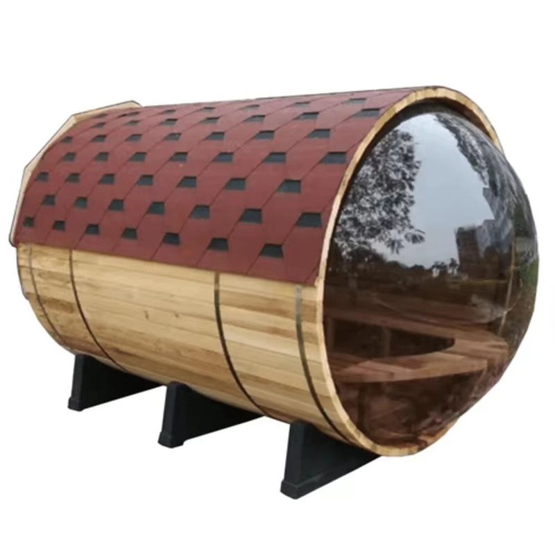 Sauna tonneau traditionnelle canadienne en cèdre/pruche couleur bois naturel 2025 avec poêle à bois de 6 kW et verre panoramique