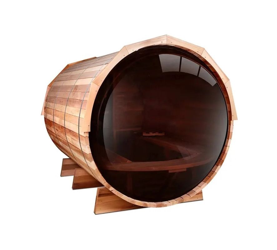 Sauna tonneau traditionnelle canadienne en cèdre/pruche couleur bois naturel 2025 avec poêle à bois de 6 kW et verre panoramique