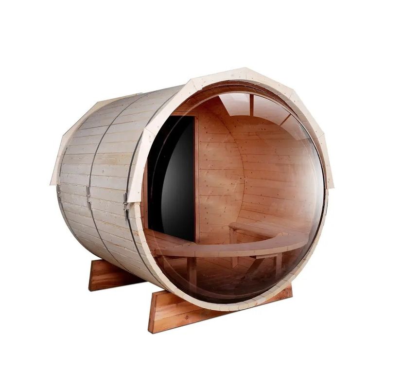 Sauna tonneau traditionnelle canadienne en cèdre/pruche couleur bois naturel 2025 avec poêle à bois de 6 kW et verre panoramique