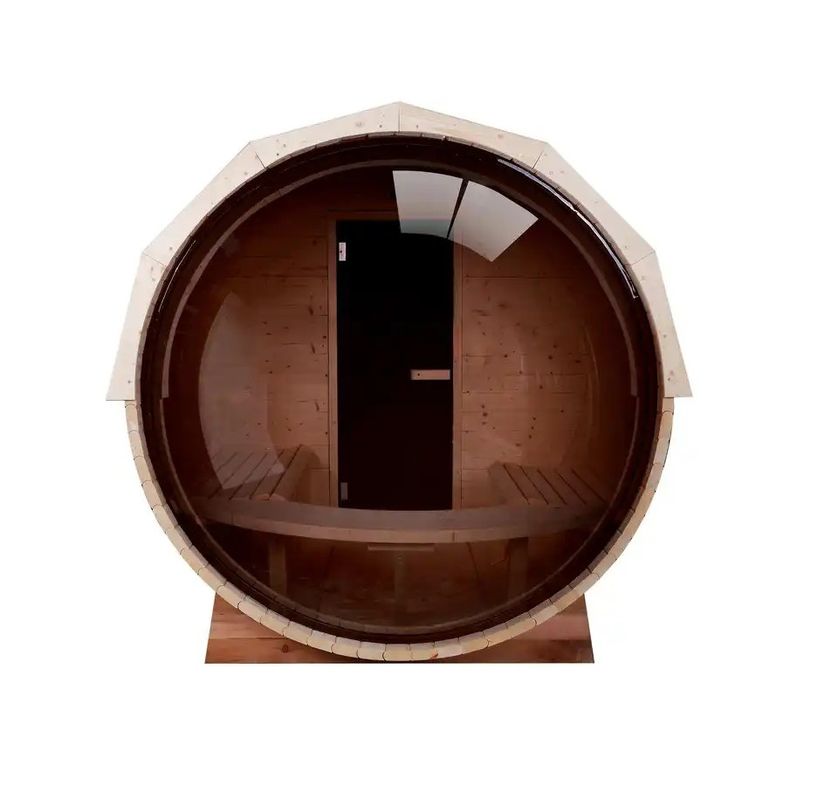 Sauna tonneau traditionnelle canadienne en cèdre/pruche couleur bois naturel 2025 avec poêle à bois de 6 kW et verre panoramique