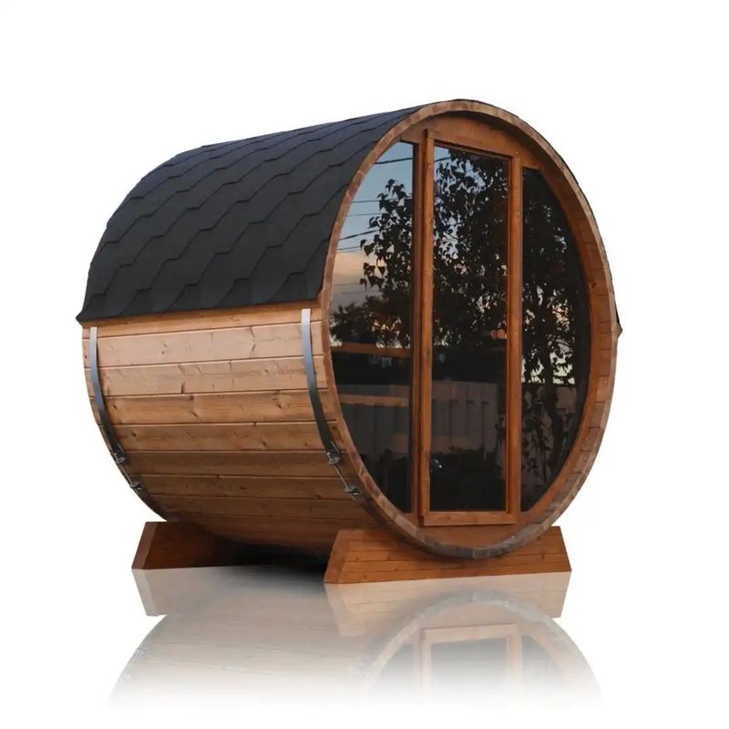 Sauna en tonneau en cèdre rouge et hemlock pour 2 à 4 personnes avec fenêtres en imposte, tension 110V/220V et hammam