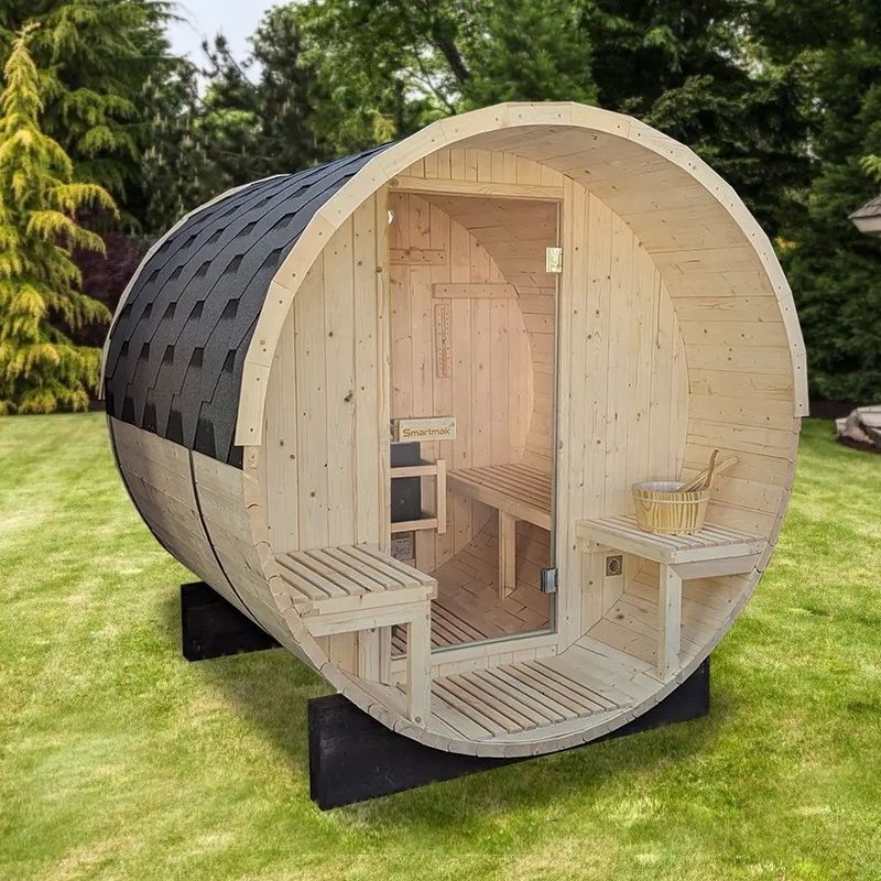 Sauna tonneau en bois massif de cèdre rouge 1800*1800mm pour extérieur, panneau de contrôle informatique pour 4 personnes, capacité de 400 kg