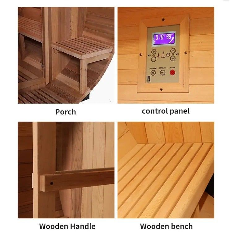 110V/220V/380V Voltage Sauna à vapeur en bois salle de sauna en bois massif extérieur 6 personnes Sauna en fût pour jardinage à domicile Avantages pour la santé