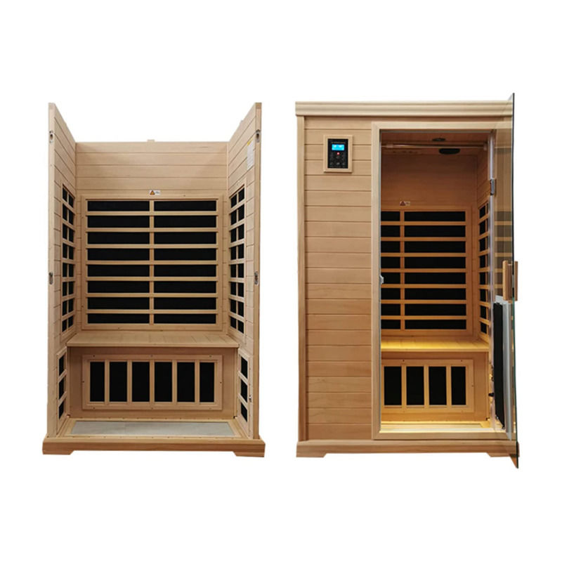 Salle de sauna en bois infrarouge traditionnelle de 2 personnes Taille chauffage 1750W 9 plaques 10 min Préchauffage Temps et température réglage prédéfini