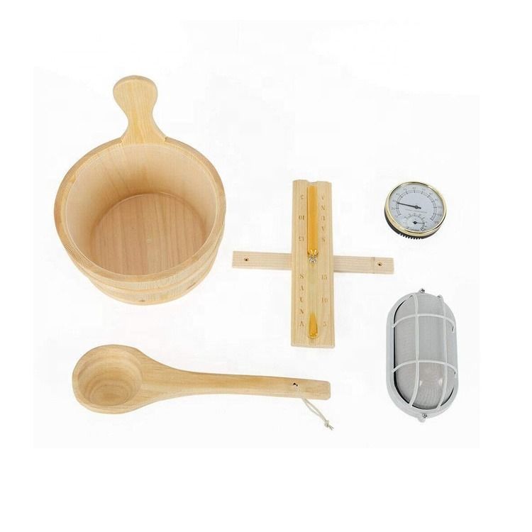 Kit d'accessoires de sauna Boite en bois de seau de sauna Lampette de poche traditionnelle avec thermomètre Cuve à eau Hourglass Spa Kit de sauna à domicile