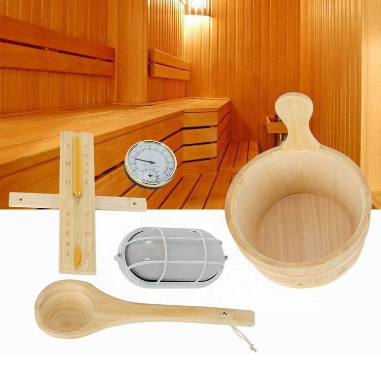 Kit d'accessoires de sauna Boite en bois de seau de sauna Lampette de poche traditionnelle avec thermomètre Cuve à eau Hourglass Spa Kit de sauna à domicile