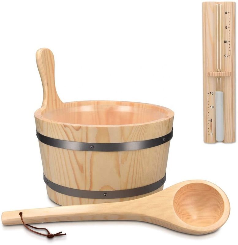 Seau en bois de sauna traditionnel avec poche Accessoire essentiel de spa pour bain de vapeur Seau en bois de pin Doublure de seau Poche Minuteur de sable en plastique