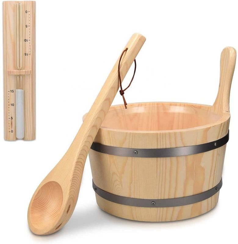Seau en bois de sauna traditionnel avec poche Accessoire essentiel de spa pour bain de vapeur Seau en bois de pin Doublure de seau Poche Minuteur de sable en plastique