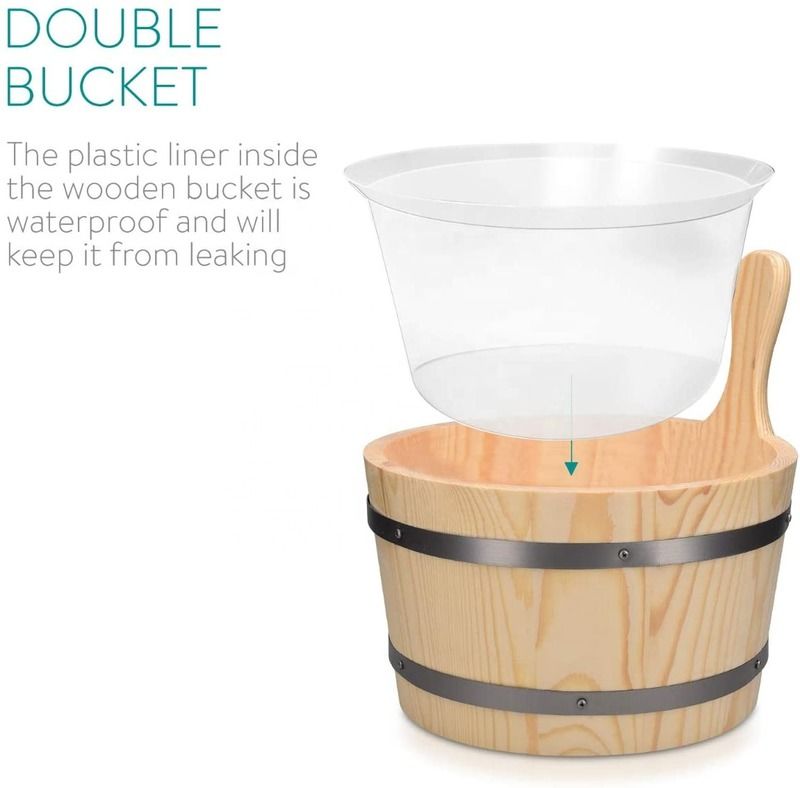 Seau en bois de sauna traditionnel avec poche Accessoire essentiel de spa pour bain de vapeur Seau en bois de pin Doublure de seau Poche Minuteur de sable en plastique